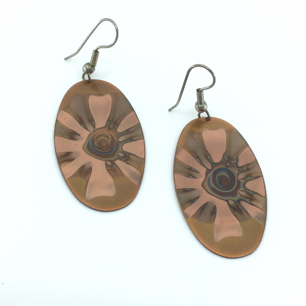 Fire Painted Copper Earrings Oval Abstract Hippie Maximalist Art Fishhook Dangle